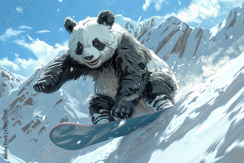 a panda surfing in the snow