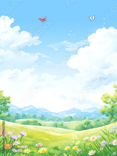 A cartoon landscape with green rolling hills  blue sky and white clouds. There are two butterflies and some flowers in the foreground.