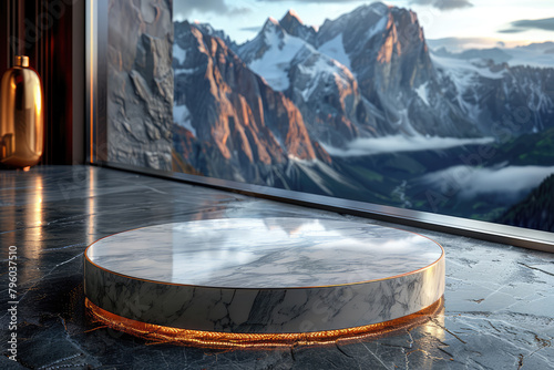 A circular marble podium with LED lights around it, set against the backdrop of an outdoor mountain view through floor-to-ceiling windows. Created with Ai