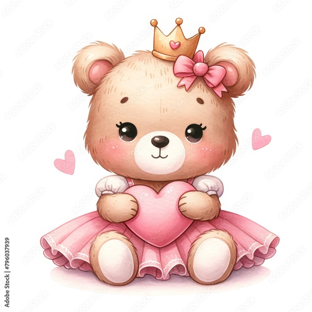 Baby Bear Princess in pink dress holding a heart Watercolor clipart Baby Bear Princess in pink dress holding a heart Watercolor clipart