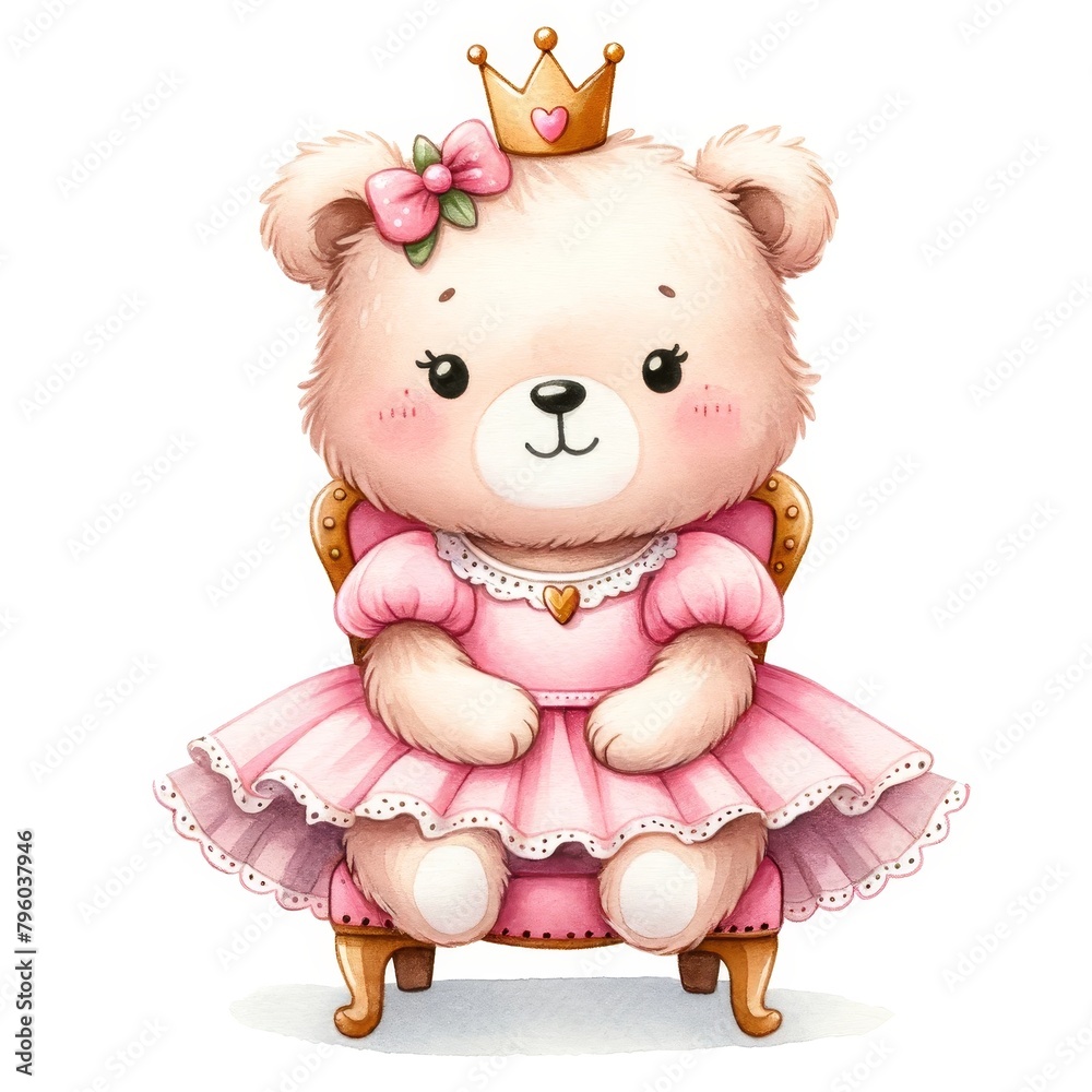 Baby Bear Princess in pink dress sit in a chair Watercolor clipart