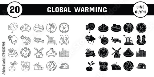 Global Warming Line Glyph Vector Illustration Icon Sticker Set Design Materials