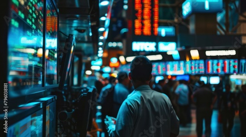 bustling stock exchange floor at night, with traders eagerly watching the screens as the market closes for the day. 