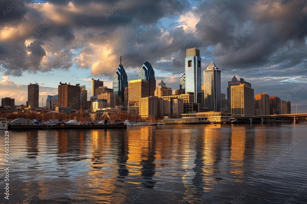 Naklejka premium Skyline in the glow of sunrise, AI-generated