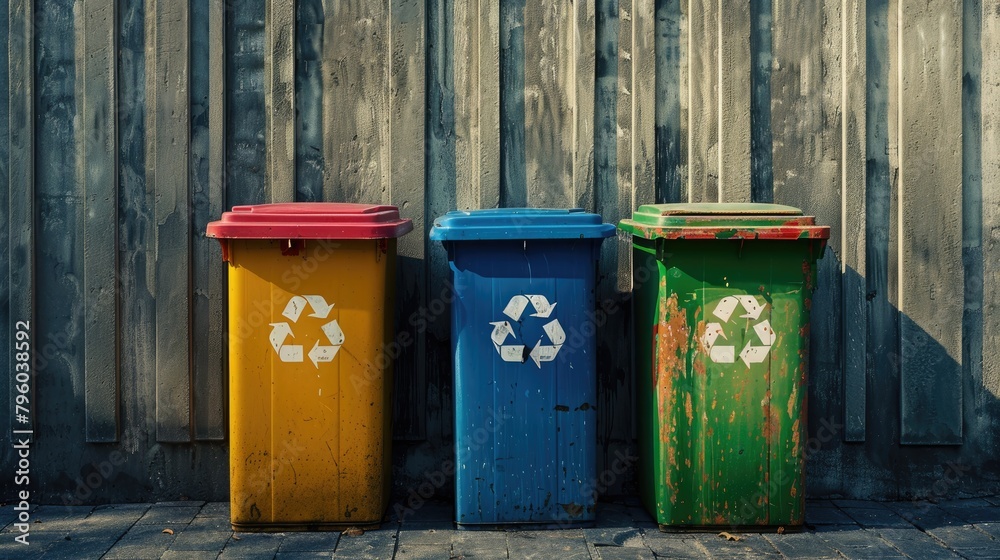Three colored recycle bins on the background of an old wooden wall. Three colored recycle bins on the background of an old wooden wall.