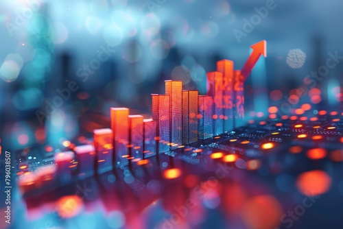 Upward Trend in Business Growth and Market Rise: Realistic Stock Chart Concept with Arrow on Blurred City Background