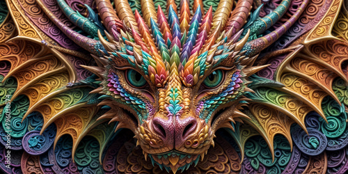 create a straight forward image of a dragons face made of intricate and complex mandala designs  extremely beautiful colors showing an aura of beauty  blend rainbow colors