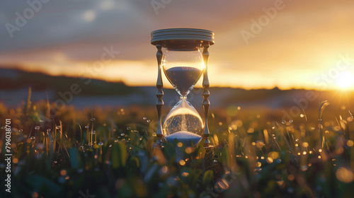 Hourglass in a Flower Field at Sunset, Passing Time Concept photo