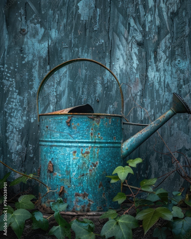 Old blue watering can on a grunge wooden wall. Vintage style. Old blue watering can on a grunge wooden wall. Vintage style.