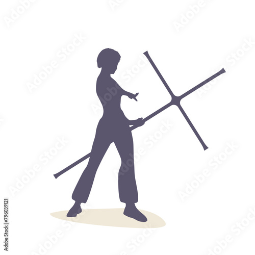 A young catholic female exorcist holds a cross behind of her. the Concept of driving out the devil and evil spirits.