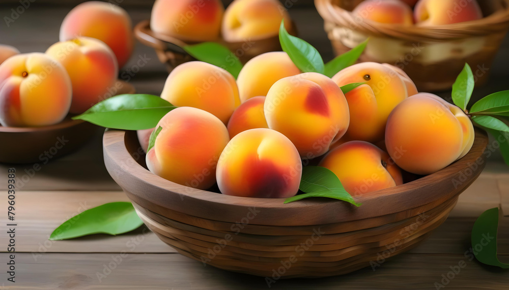 Fresh Yellow Peach fruit in wooden bowl on wooden background Fresh Yellow Peach fruit in wooden bowl on wooden background