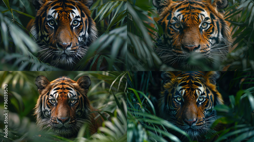 A stealthy tiger prowling through a dense jungle undergrowth photo