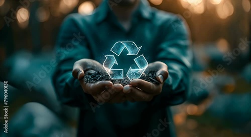 Businessman holding a circular economy icon, symbolizing a sustainable strategy to eliminate waste and pollution, fostering future growth for both business and environment photo