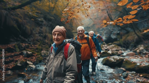 Elderly man hiking together with friends in a humid atmosphere. hiking in the mountains. wood. Generative Ai