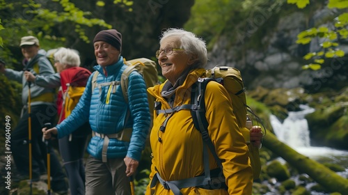 Grandma and Grandpa go hiking. Wear hiking clothes and complete equipment. Generative Ai photo