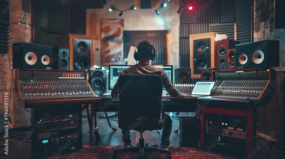 A male artist in a soundproof studio recording music with a computer mixing desk and audio engineer. Concept Music Production, Recording Studio. copy space for text. A male artist in a soundproof studio recording music with a computer mixing desk and audio engineer. Concept Music Production, Recording Studio. copy space for text.