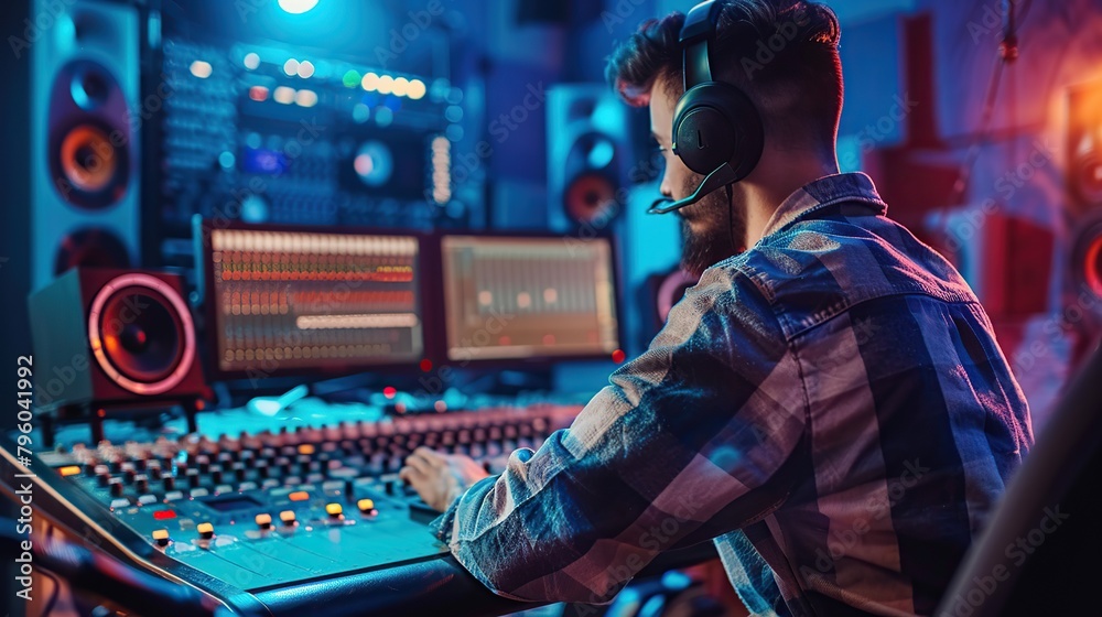 Obraz premium A male artist in a soundproof studio recording music with a computer mixing desk and audio engineer. Concept Music Production, Recording Studio. copy space for text.