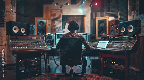 A male artist in a soundproof studio recording music with a computer mixing desk and audio engineer. Concept Music Production, Recording Studio. copy space for text. photo