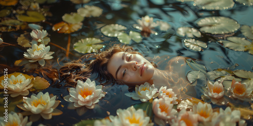 A joyous, alluring woman reclines gracefully in the water, her natural charm accentuated by the vibrant hues of the water lilies and lotuses.