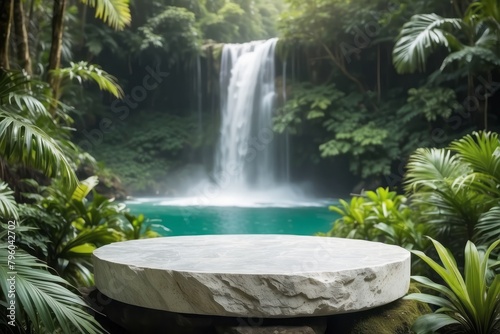 Fototapeta Naklejka Na Ścianę i Meble -  stone podium table top in outdoor waterfall green tropical forest nature