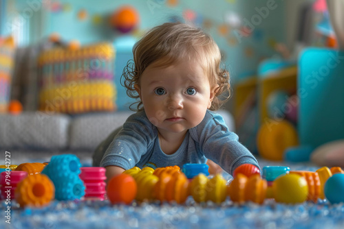 Playtime Smiles: Young Child Amongst a Sea of Toys
