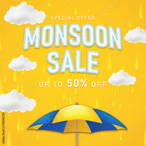 monsoon season banner sale with 3d clouds and umbrella