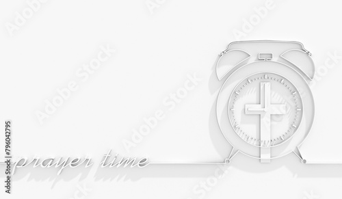 Religion concept. Alarm clock with prayer time text. 3D render photo