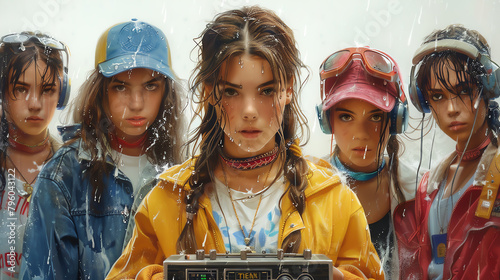 A group of teenagers in 90s sportswear gathered around a boombox, painted with dynamic watercolor splashes photo