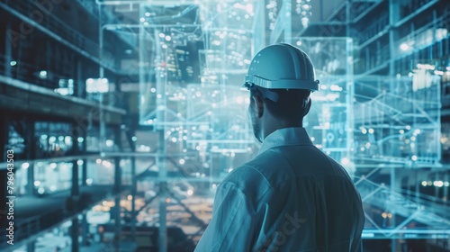 Construction, Engineering Professional Gazing at Holographic Blueprint Amidst Urban Twilight