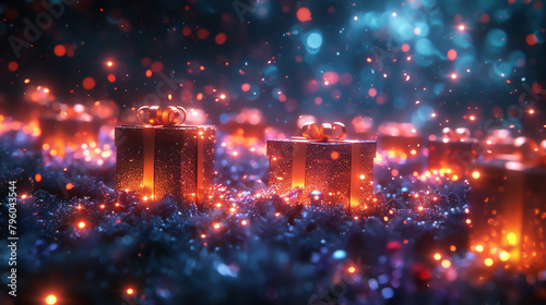 A magical array of floating gift boxes  each glowing differently  against a dark  starry night background