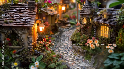 Enchanting Miniature Village Scene with Tiny Houses and Lanterns © Newaystock
