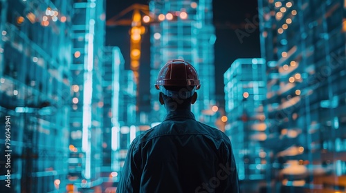 Construction, Engineering Professional Gazing at Holographic Blueprint Amidst Urban Twilight