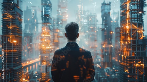 Businessman, Engineering Overlooking a Luminous Holographic Cityscape at Twilight
