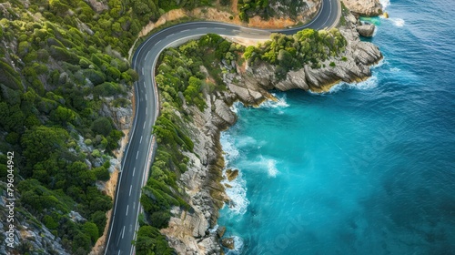  winding coastal road snaking along a rugged coastline, with turquoise waters and crashing waves. 