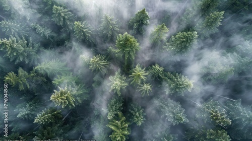 Aerial view pine tree forest foggy morning  top view nature outdoor evergreen landscape.