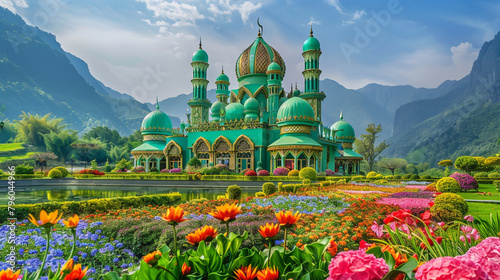 A verdant mosque with a green dome and minarets stands amidst a lush flower garden, backed by a lake and mountains. photo