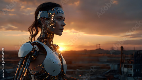 As the sun sets on a post-apocalyptic world  a lone woman with artificial intelligence stands as a symbol of hope and progress.