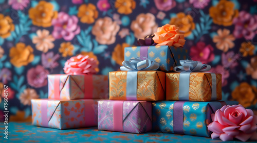 A vibrant still life of stacked gift boxes in bold, contrasting colors, against a patterned purple and gold background