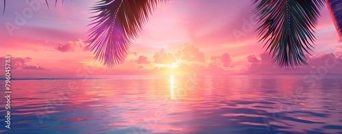 Tropical sunset with palm leaves over the ocean  vibrant colors
