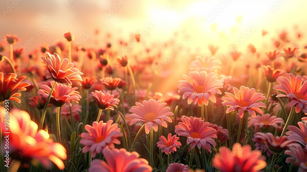 A field of pink flowers with the sun shining on them A field of pink flowers with the sun shining on them