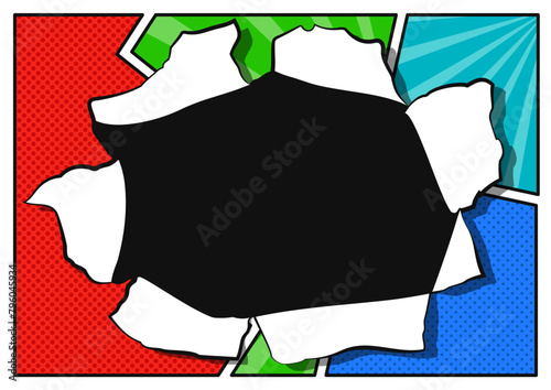 破れた紙の穴とカラフルなアメコミ風コマ割りデザインイラスト