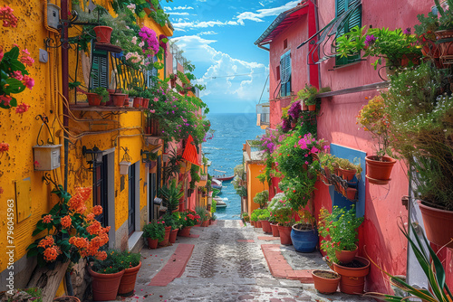 Colorful houses along the street in Cinque Terre, Italy. Created with Ai © Digital Canvas