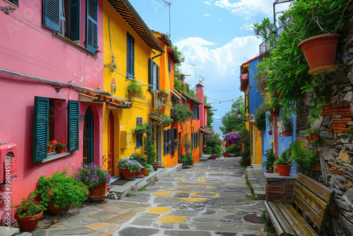 Colorful houses in Cinque Terre, Italy, a stone street with potted plants and flowers. Created with Ai