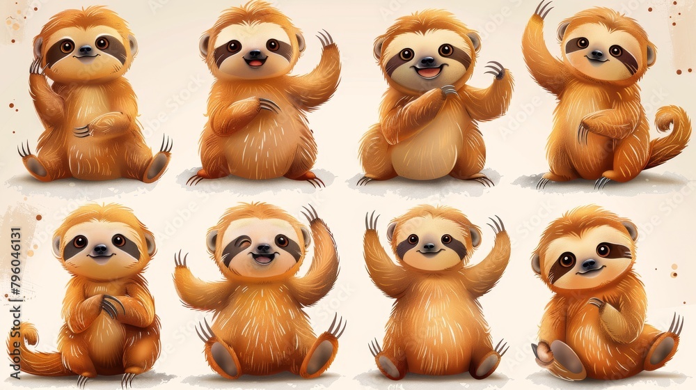 Obraz premium The cutest sloth modern in different poses. Lovely wildlife and friendly sloth doodle patterns with flat color. A hand drawn collection of many fascinating characters on white background.