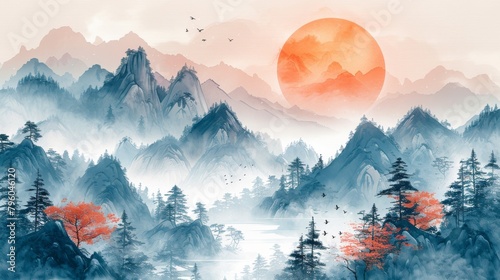 Modern illustration of mountains with tree birds and sun. China Poster  Watercolor Landscape  Floating Mountains design for home decor  office decor  or wallpaper.