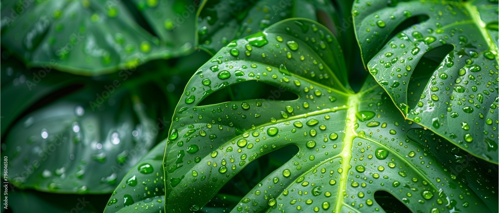 Fresh green leaf with dew drops, surrounded by nature's beauty, close-up shot Fresh green leaf with dew drops, surrounded by nature's beauty, close-up shot