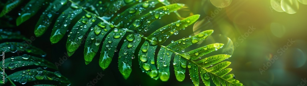 Fresh green foliage with dewdrops, depicting the lush beauty of nature in close-up macro photography Fresh green foliage with dewdrops, depicting the lush beauty of nature in close-up macro photography