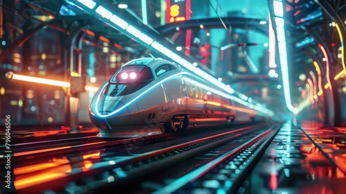 sleek high-speed train gliding through a futuristic cityscape, its sleek lines and metallic finish reflecting the neon lights. 
