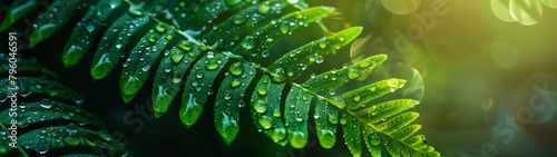 Fresh green foliage with dewdrops, depicting the lush beauty of nature in close-up macro photography