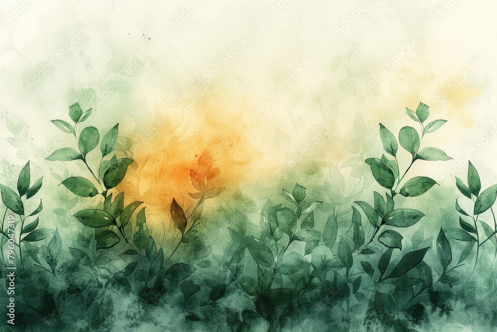 Watercolor painting with sun and green leaves on the right side, green color palette. Created with Ai